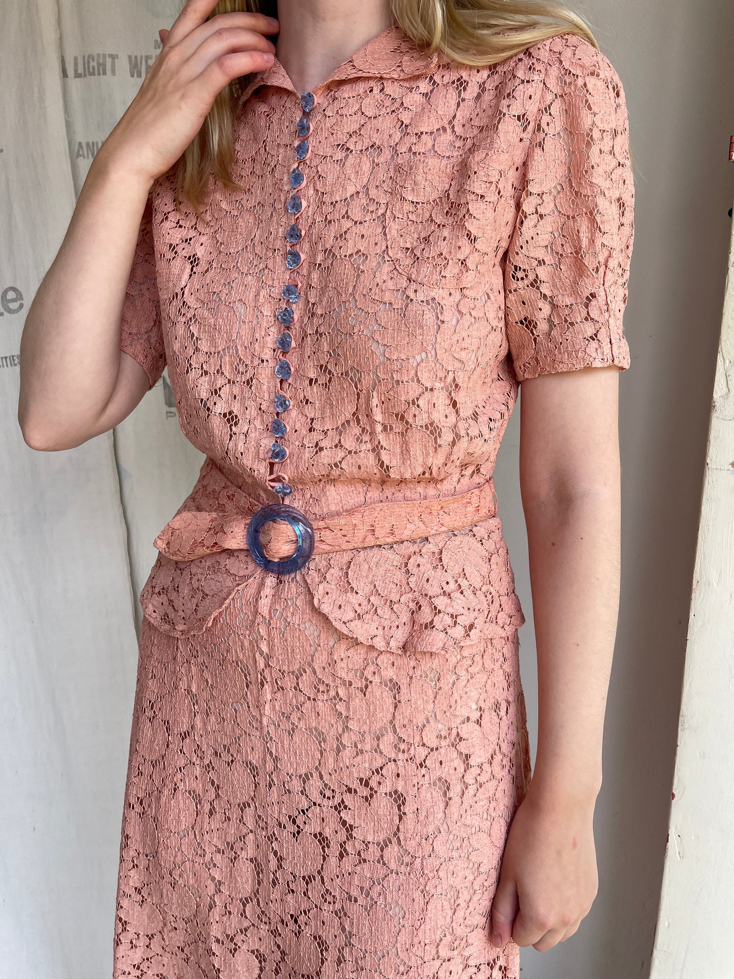 1930s Cotton Lace Dress with Glass Buttons and Buckle