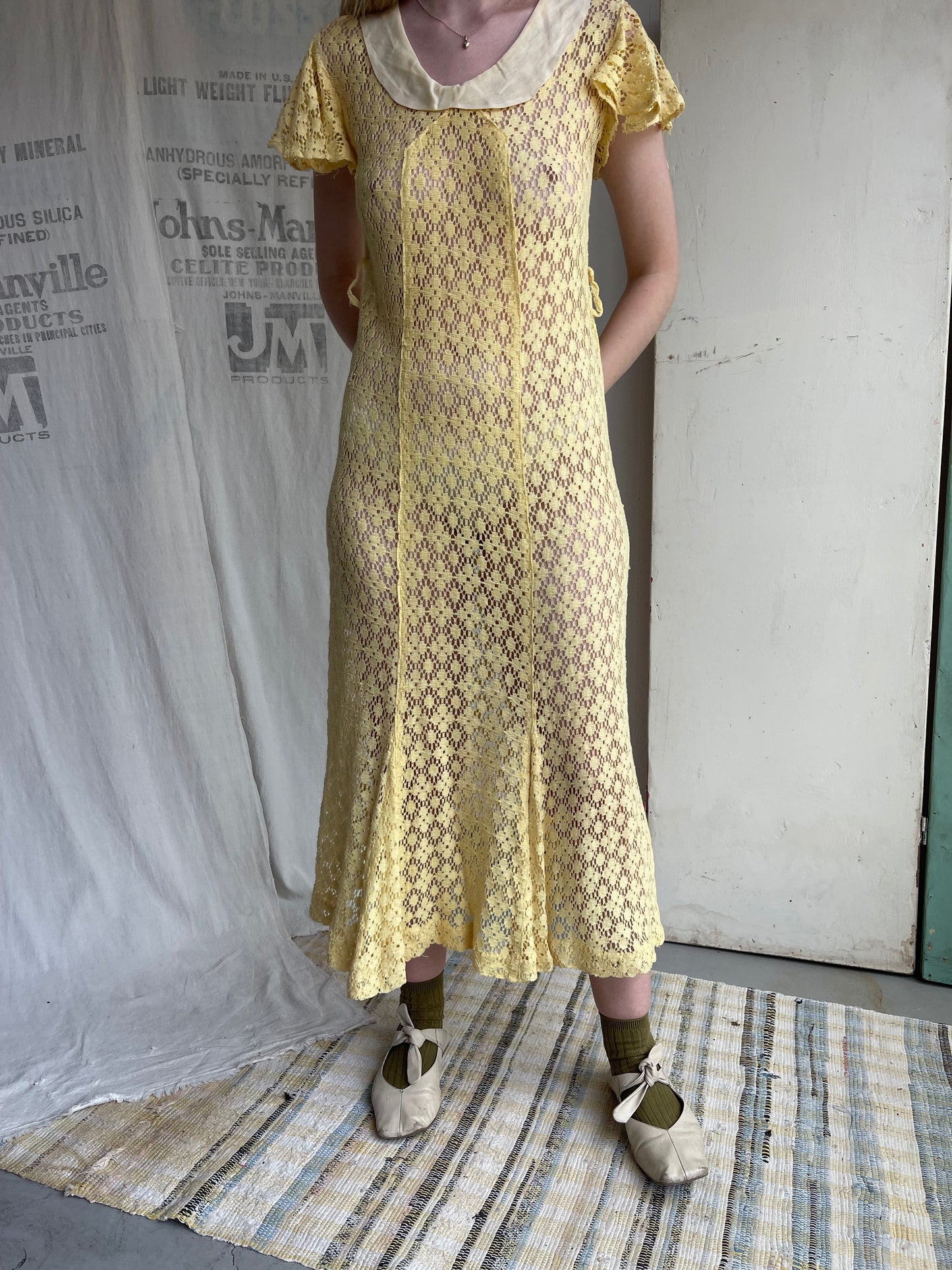 1930s Butter Yellow Crochet Dress