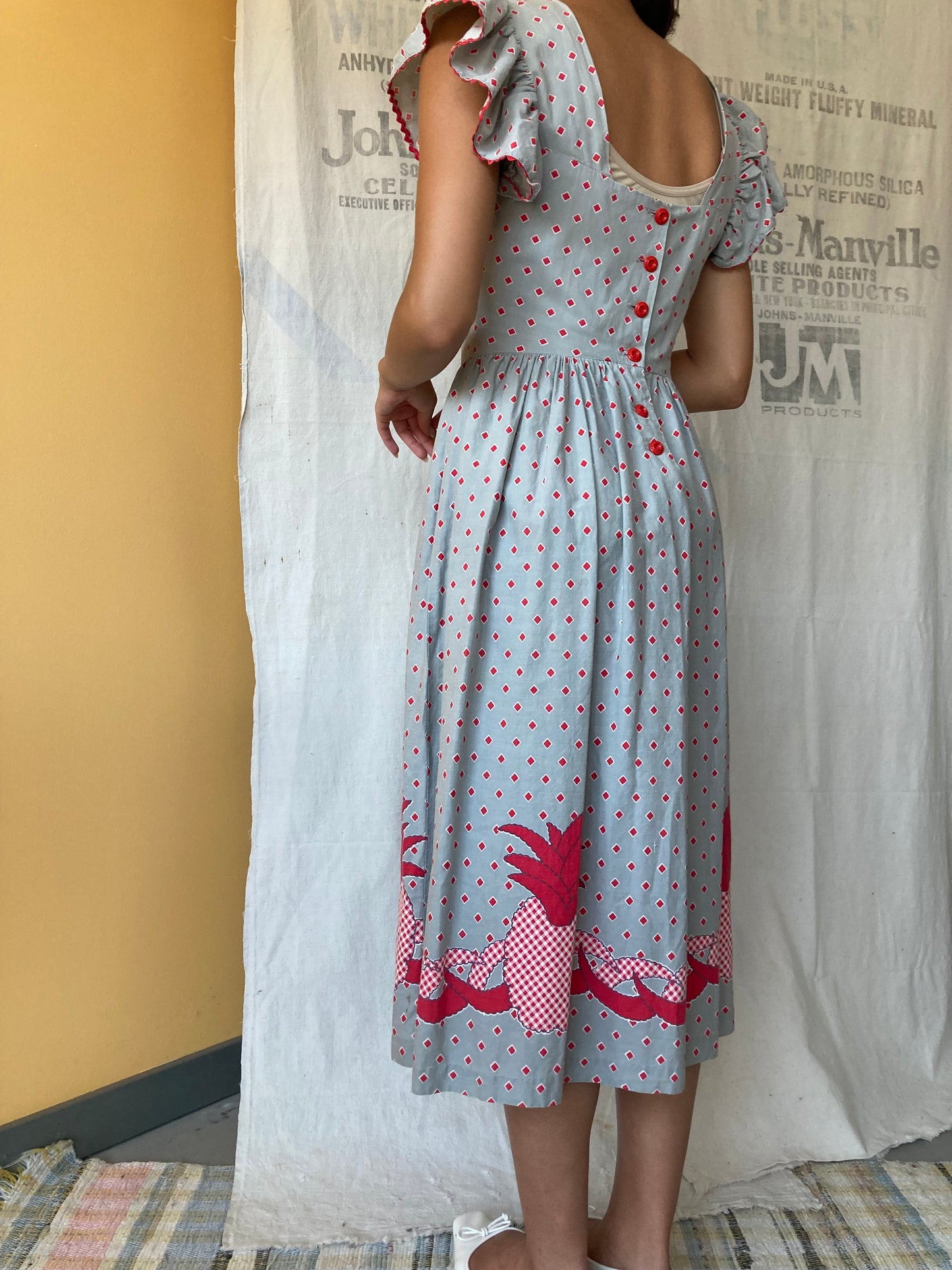 1930s 1940s Cotton Pineapple Novelty Print Dress