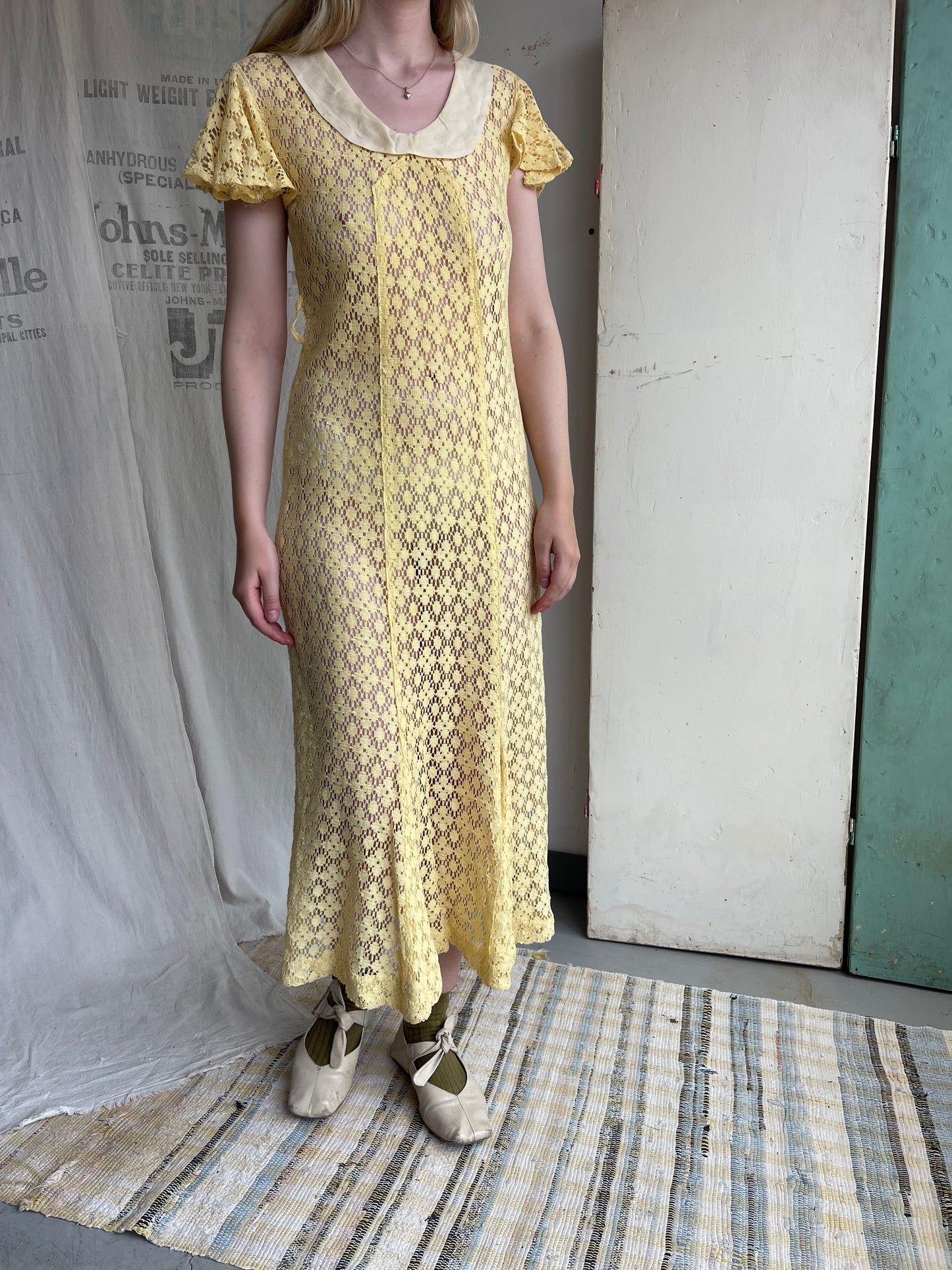 1930s Butter Yellow Crochet Dress