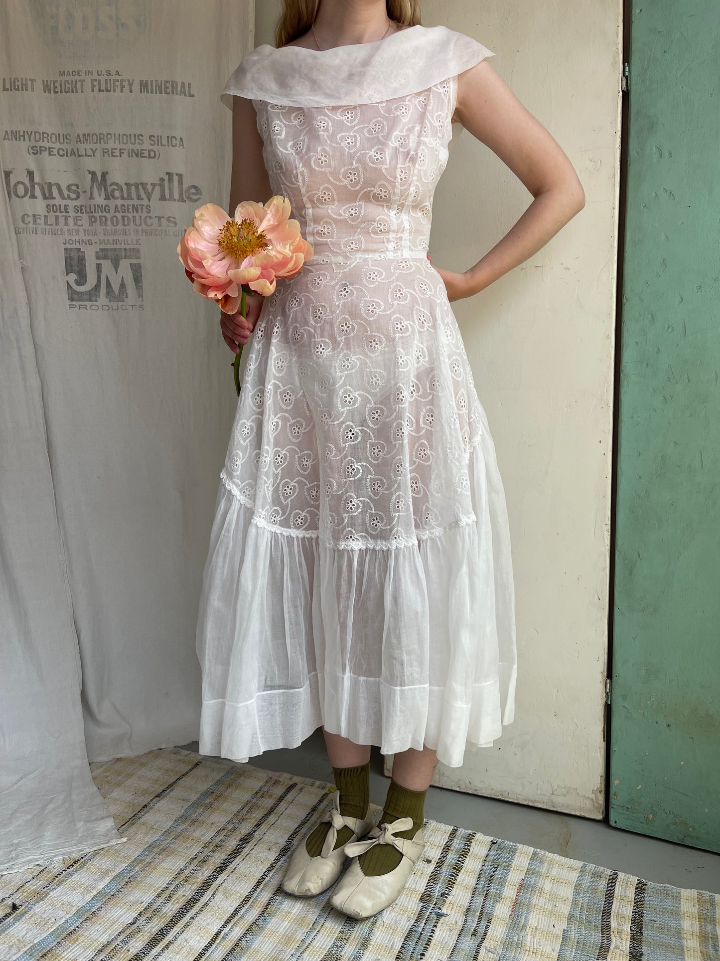 1950s Organdy Eyelet Heart Dress