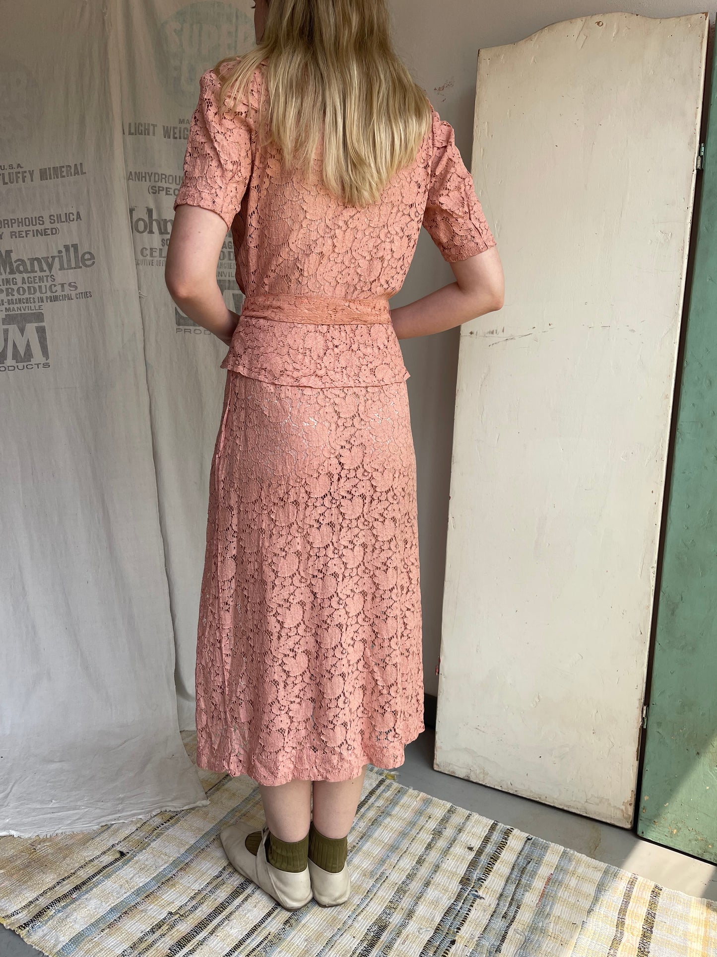 1930s Cotton Lace Dress with Glass Buttons and Buckle