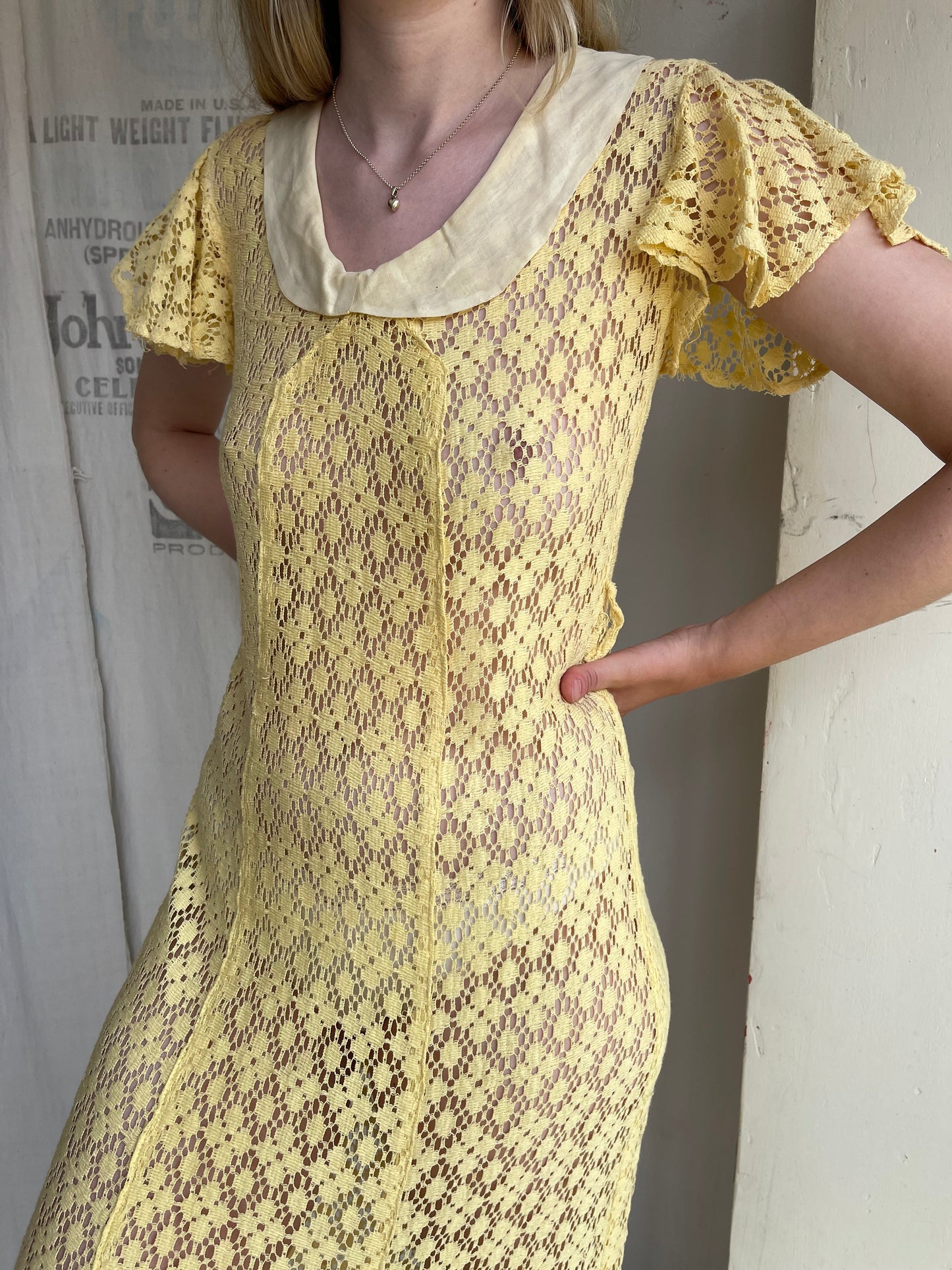 1930s Butter Yellow Crochet Dress
