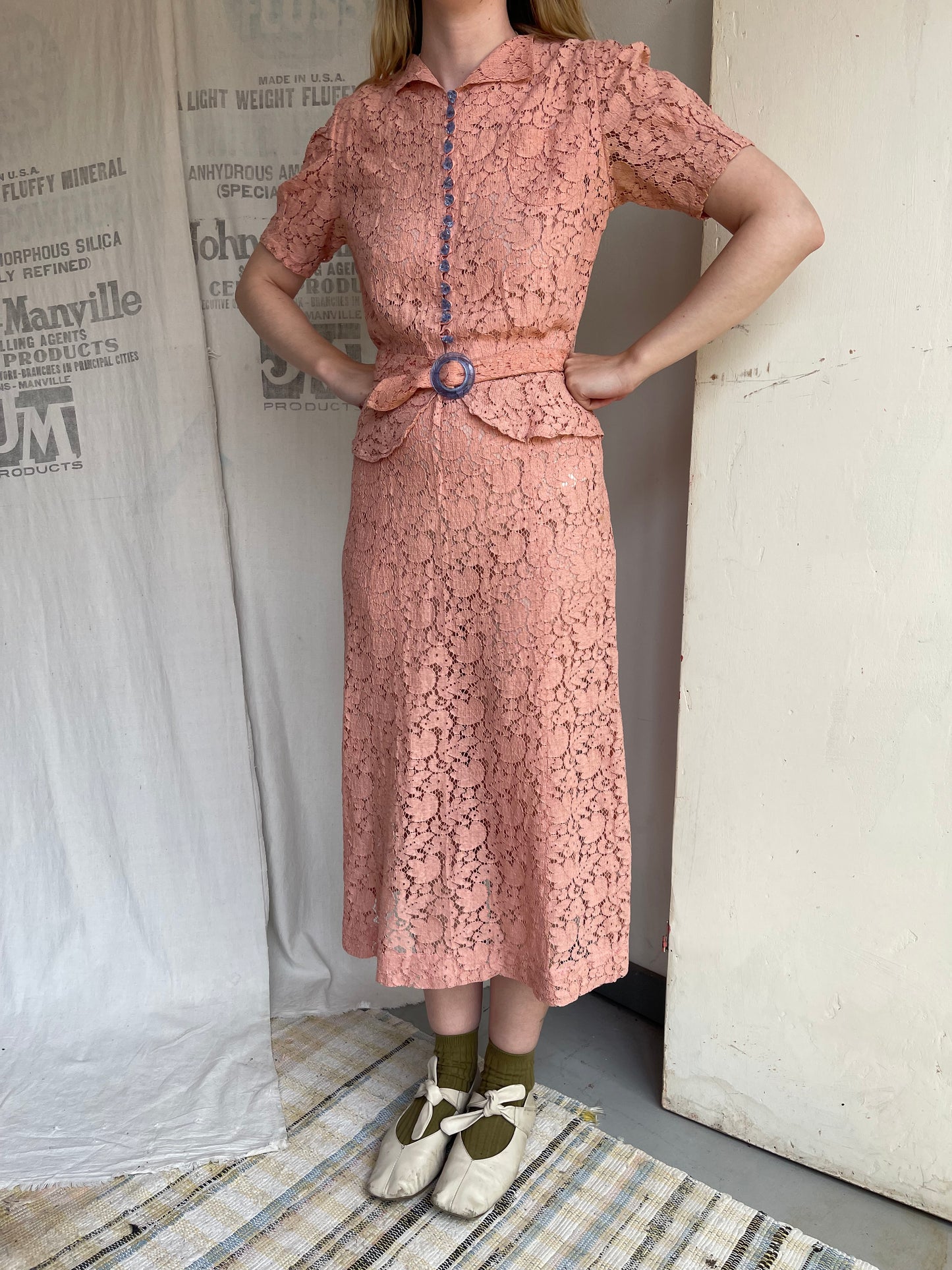 1930s Cotton Lace Dress with Glass Buttons and Buckle