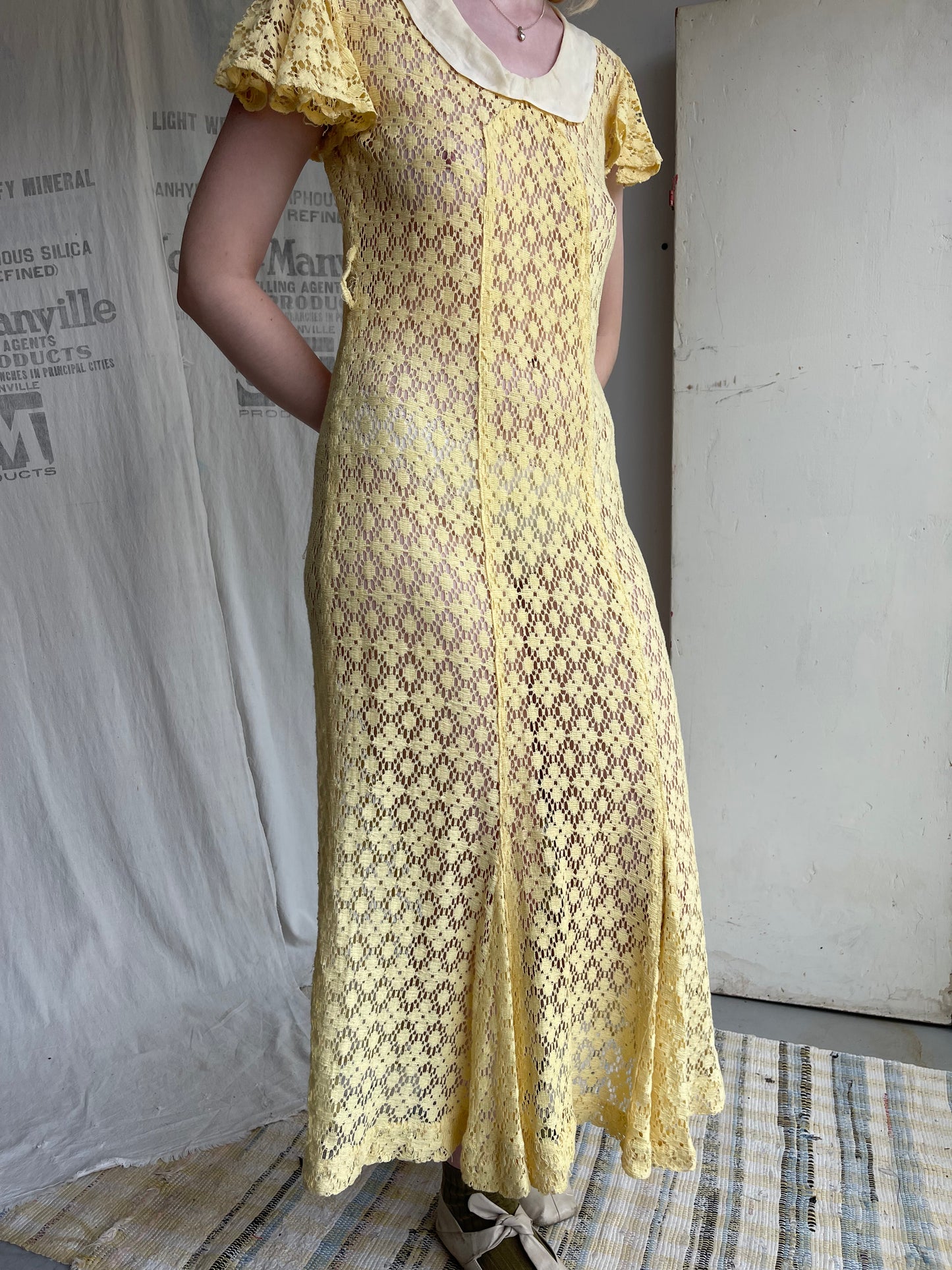 1930s Butter Yellow Crochet Dress