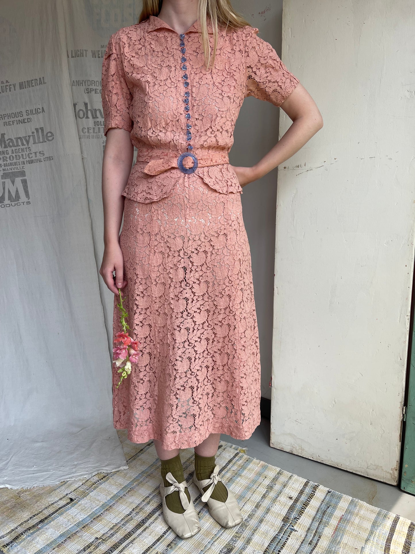1930s Cotton Lace Dress with Glass Buttons and Buckle