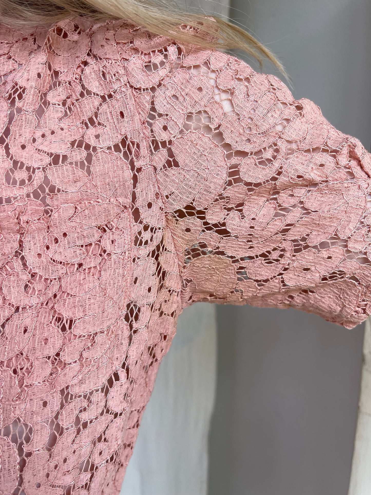1930s Cotton Lace Dress with Glass Buttons and Buckle