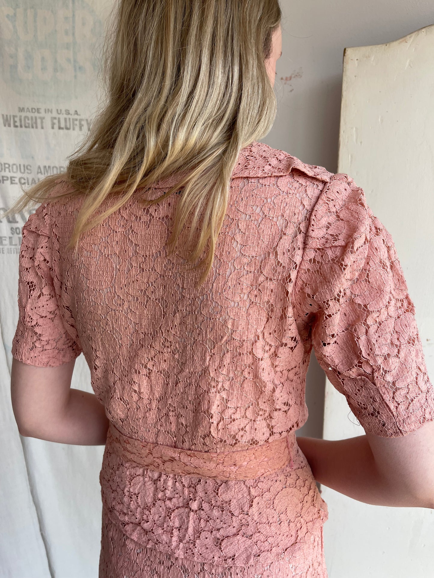1930s Cotton Lace Dress with Glass Buttons and Buckle