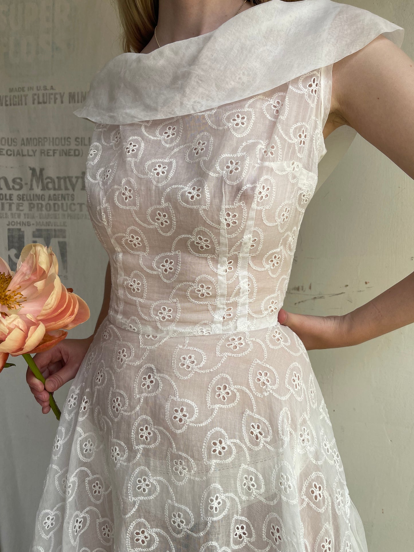 1950s Organdy Eyelet Heart Dress
