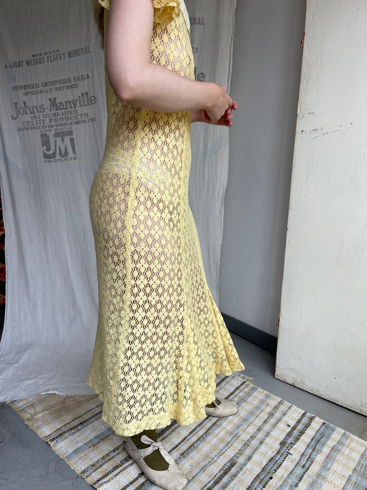 1930s Butter Yellow Crochet Dress
