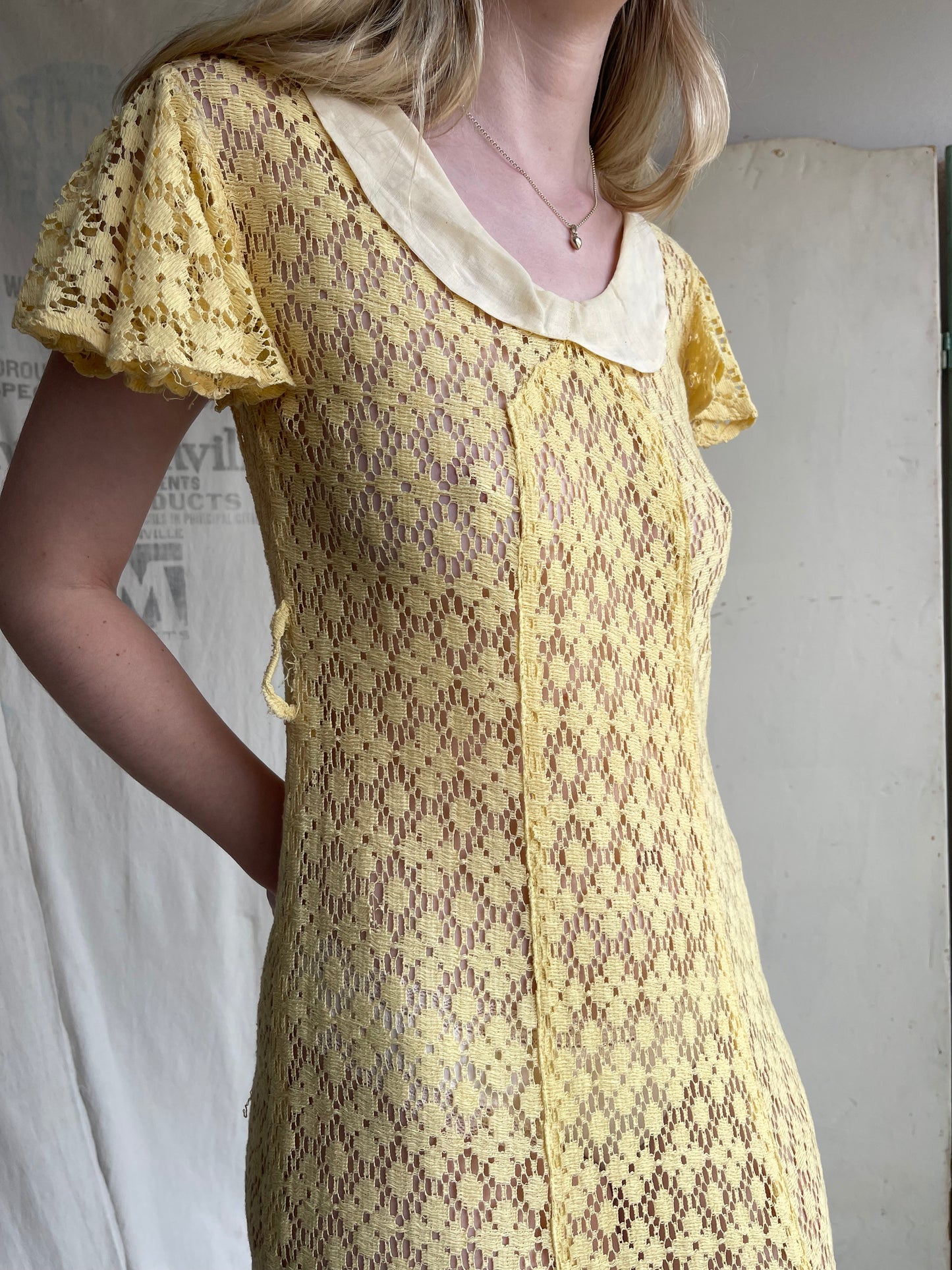 1930s Butter Yellow Crochet Dress