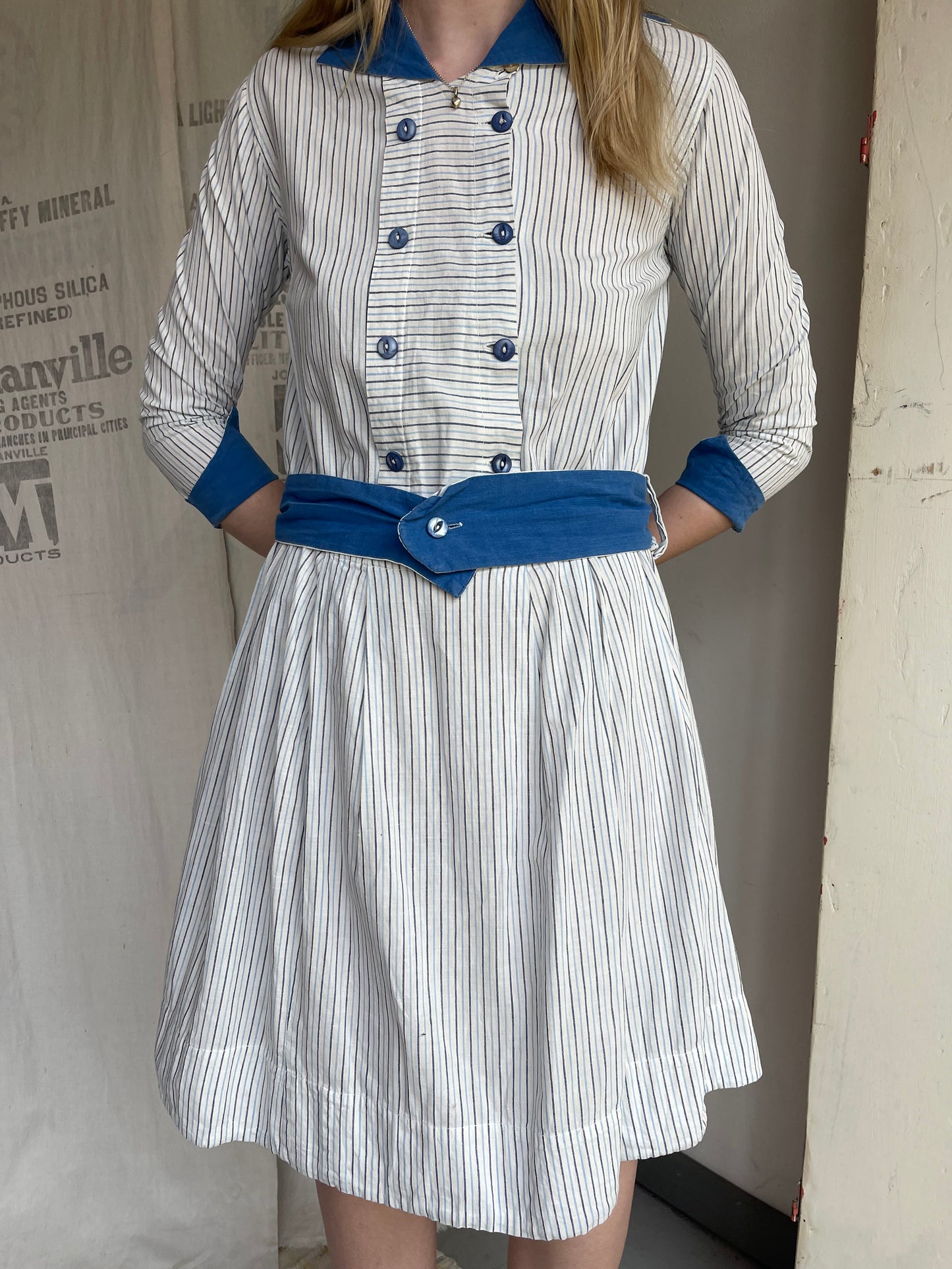1920s 1930s Pinstripe Cotton Dress