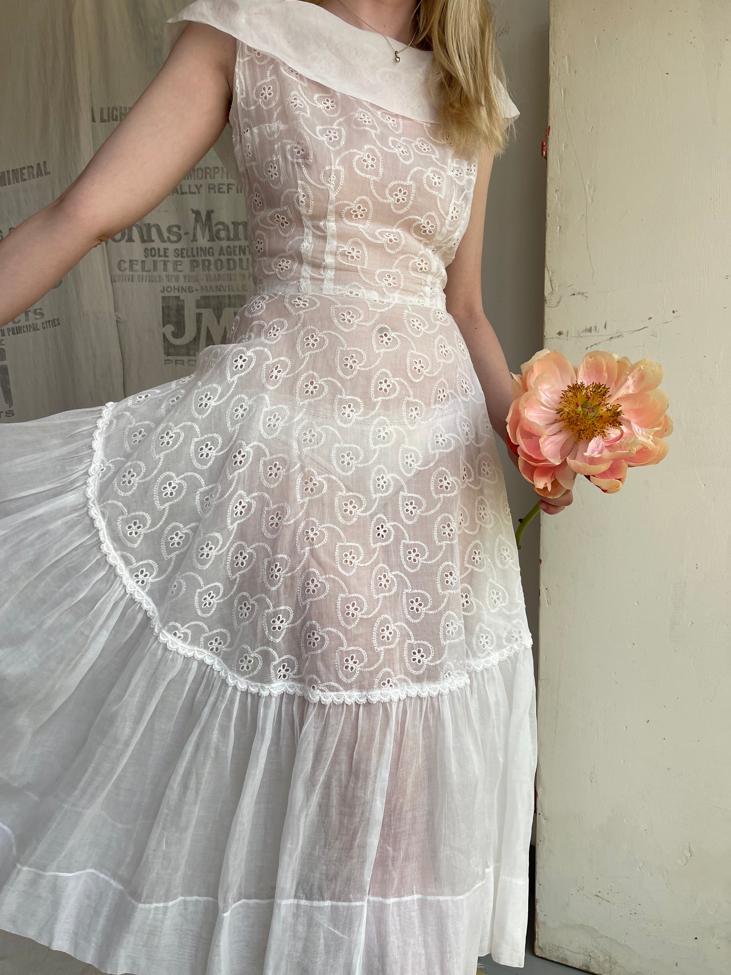 1950s Organdy Eyelet Heart Dress