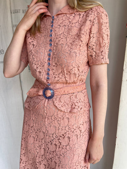 1930s Cotton Lace Dress with Glass Buttons and Buckle