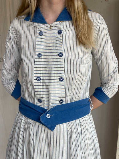 1920s 1930s Pinstripe Cotton Dress