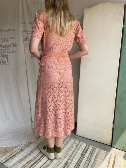 1930s Cotton Lace Dress with Glass Buttons and Buckle