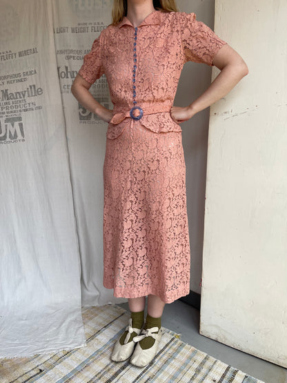1930s Cotton Lace Dress with Glass Buttons and Buckle