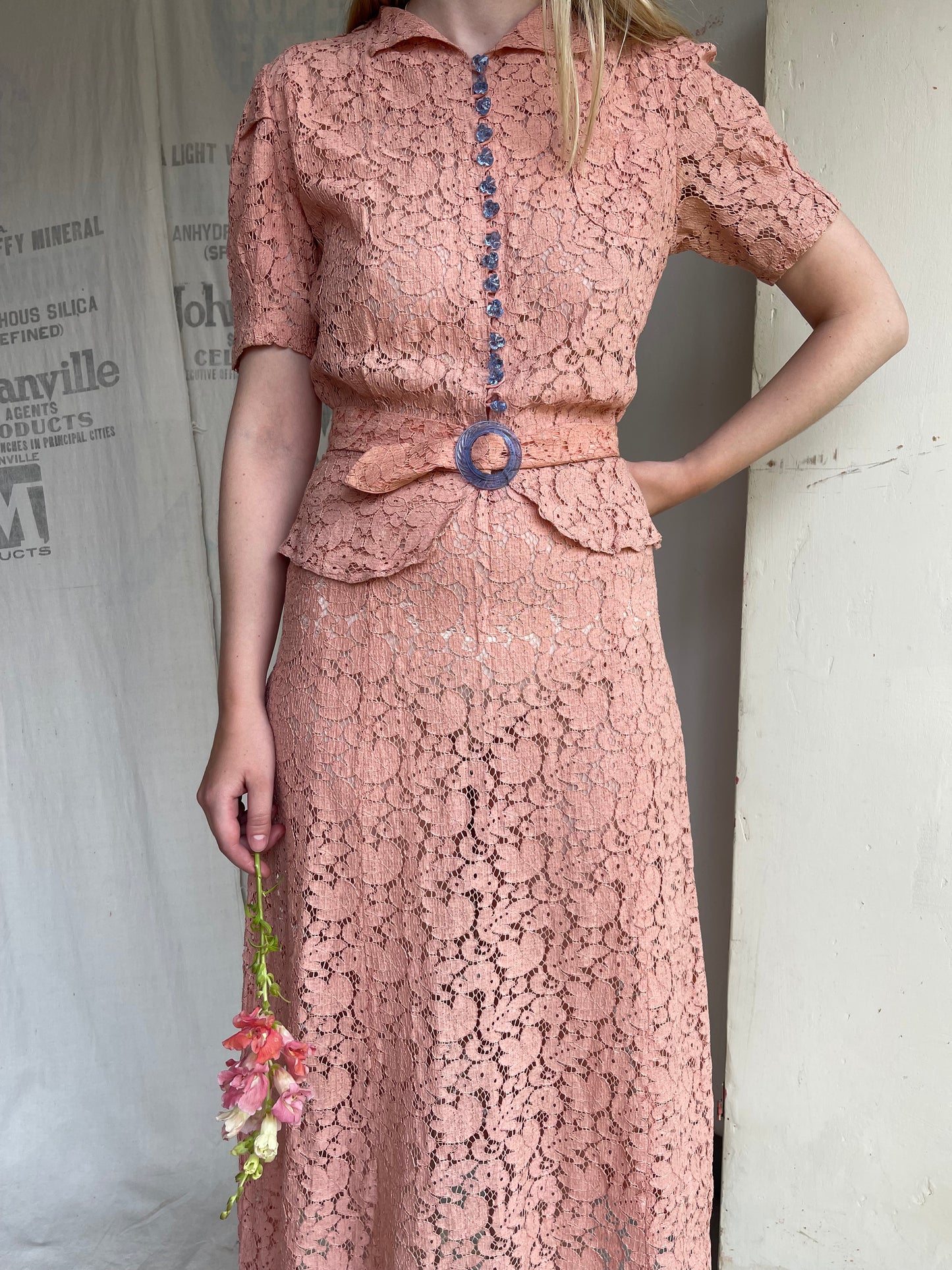 1930s Cotton Lace Dress with Glass Buttons and Buckle