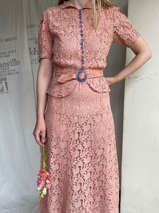 1930s Cotton Lace Dress with Glass Buttons and Buckle