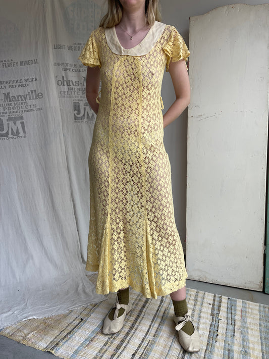 1930s Butter Yellow Crochet Dress