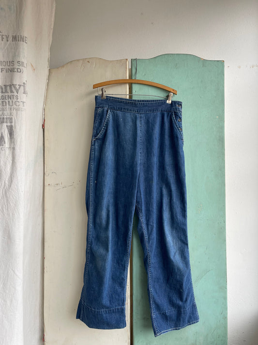 1940s Workwear Side Button Denim Pants