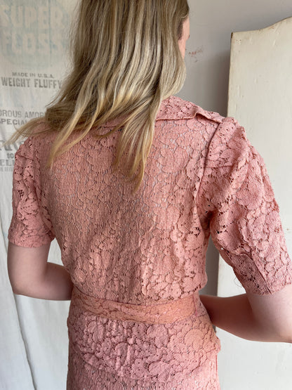 1930s Cotton Lace Dress with Glass Buttons and Buckle
