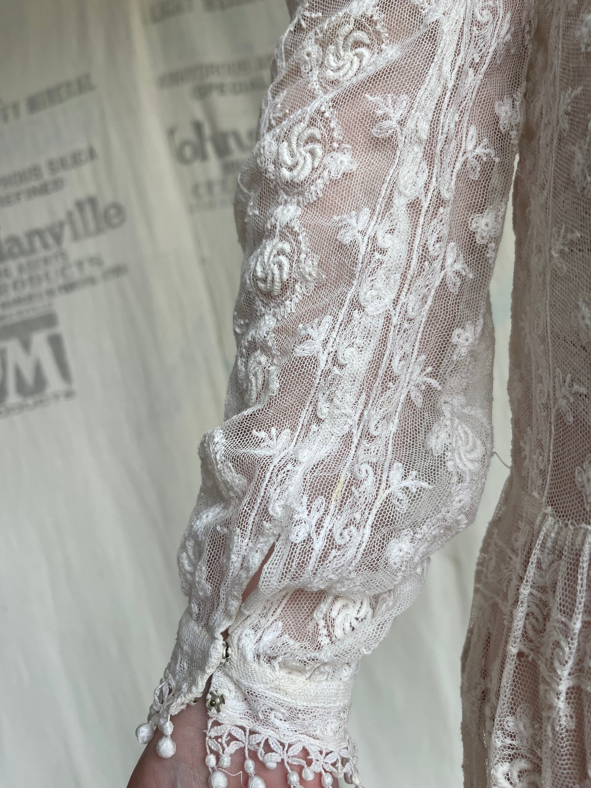 tambour lace dress ROMANTIC EDWARDIAN CUTWORK TAMBOUR LACE LONG DRESS W SILK SATIN LINING