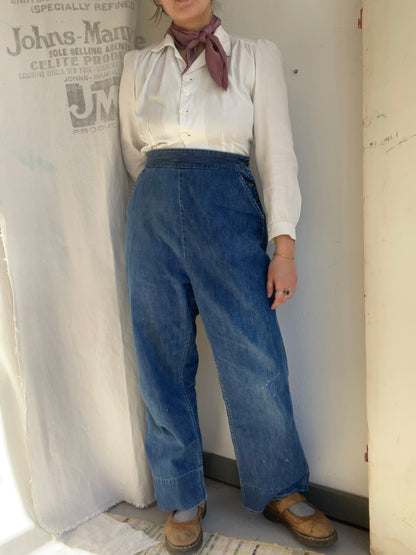 1940s Workwear Side Button Denim Pants