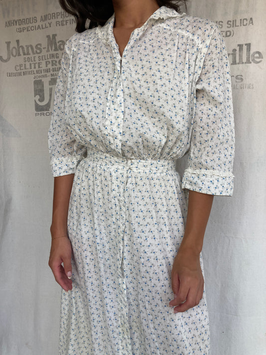 Early 1900s Cotton Floral Seersucker Lawn Day Dress