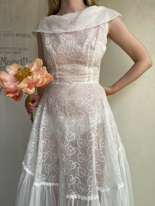 1950s Organdy Eyelet Heart Dress